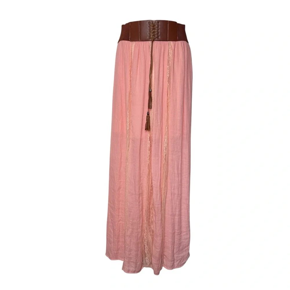 NWT Another Story Pink Lace Corset Tie Tasseled Boho Maxi Skirt Medium - Picture 2 of 7